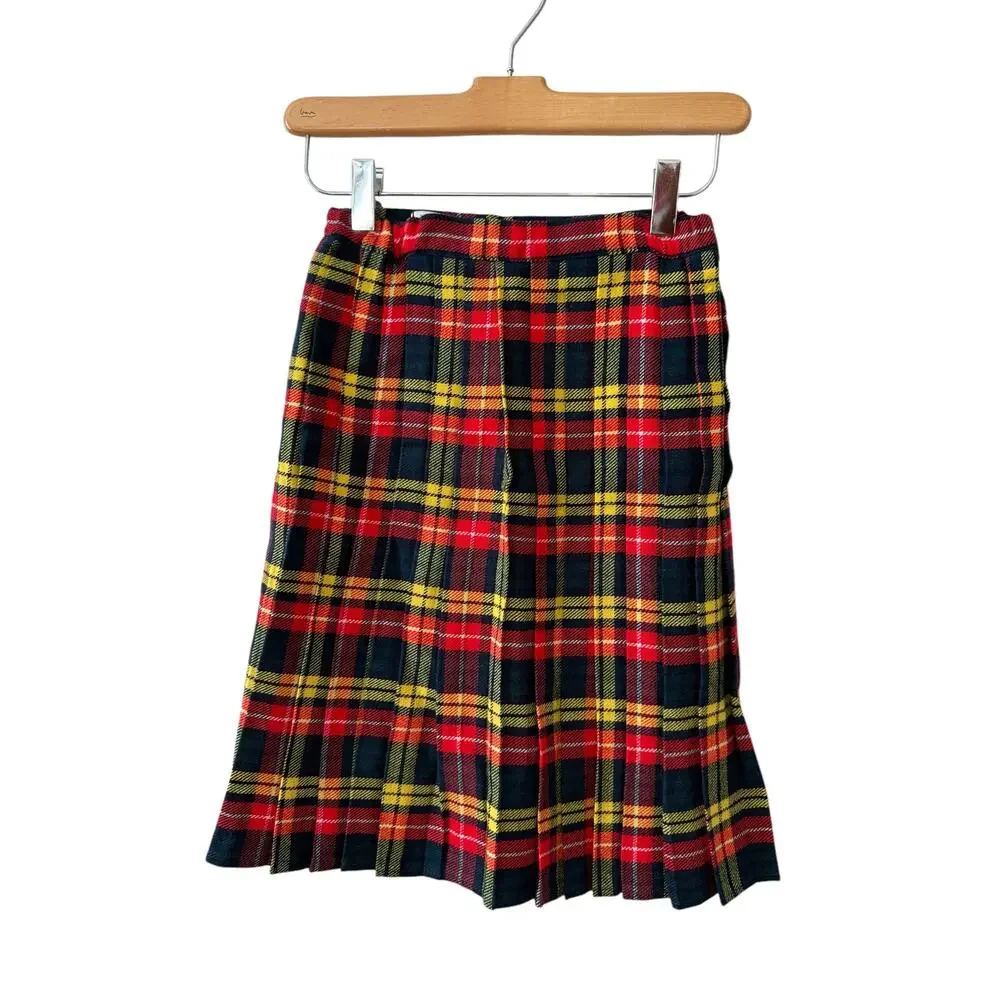 Vintage 70s Girls Rascals Pleated Midi Wrap Skirt Kilt Pin Red 8